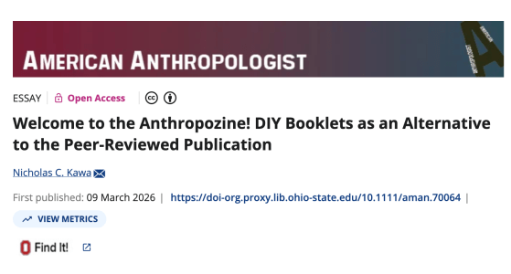 Screenshot of the webpage of American Anthropologist where the article Welcome to the Anthropozine is now published